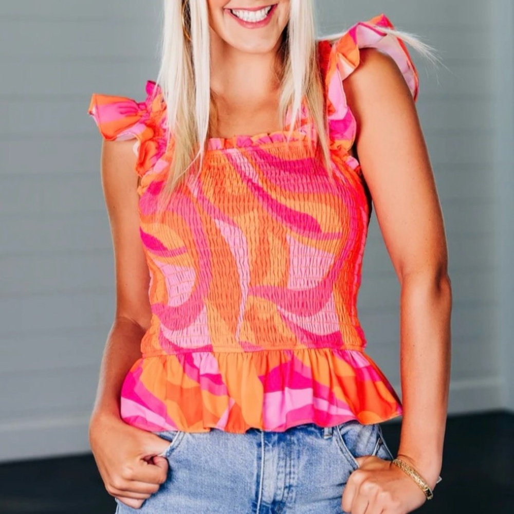 TCEC Smoked Ruffled Multi Colored Tank Top Size Small